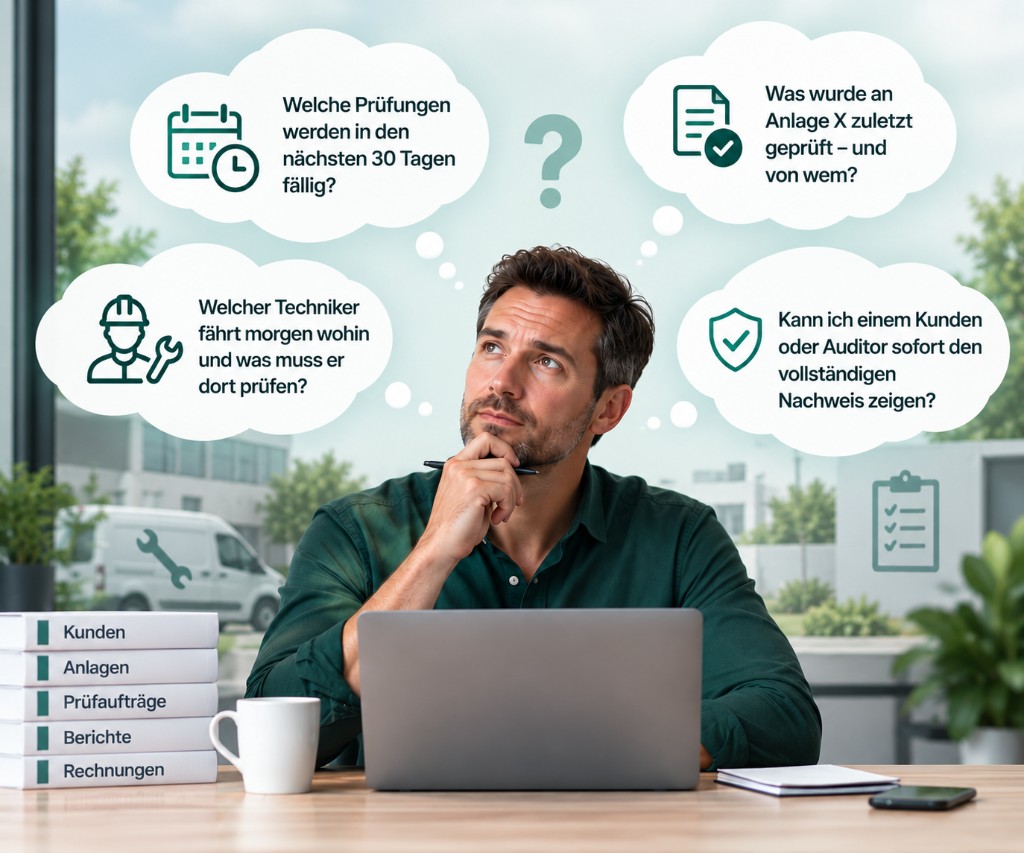 Betriebsleiter am Schreibtisch mit Ordnern für Kunden, Anlagen, Prüfaufträge, Berichte und Rechnungen – vier typische Fragen im Kopf: fällige Prüfungen, letzte Prüfung an der Anlage, Techniker-Tour, Nachweis.